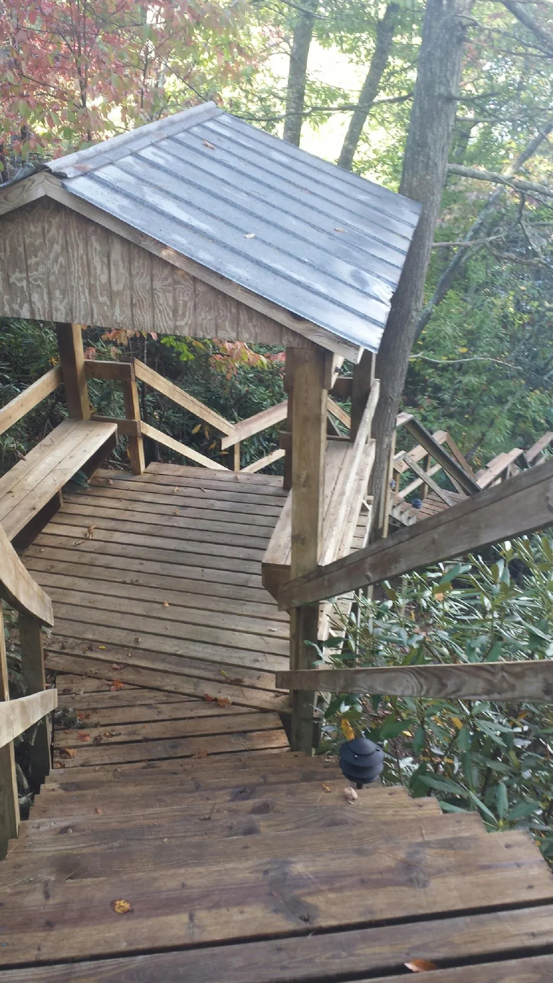 Metal roofed shelter over wooden steps on a wooded walkway — Skylight Repair & Installation work by our crew in Scott